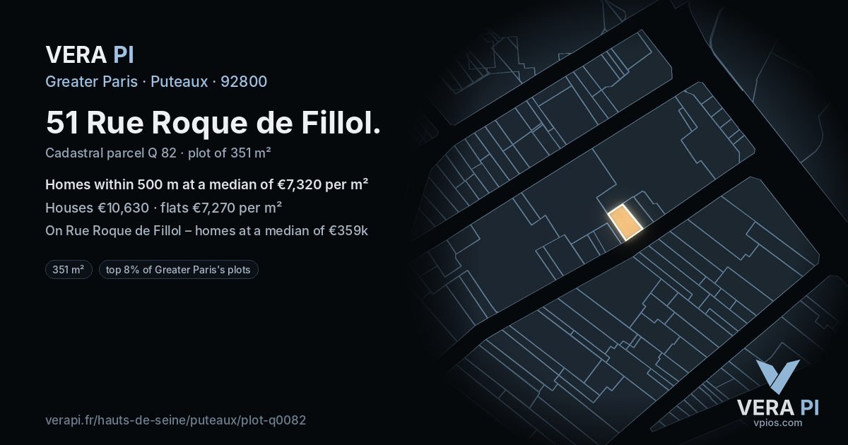 51 Rue Roque de Fillol, Puteaux at night – the plot lit, the parcels around coloured by the prices near them
