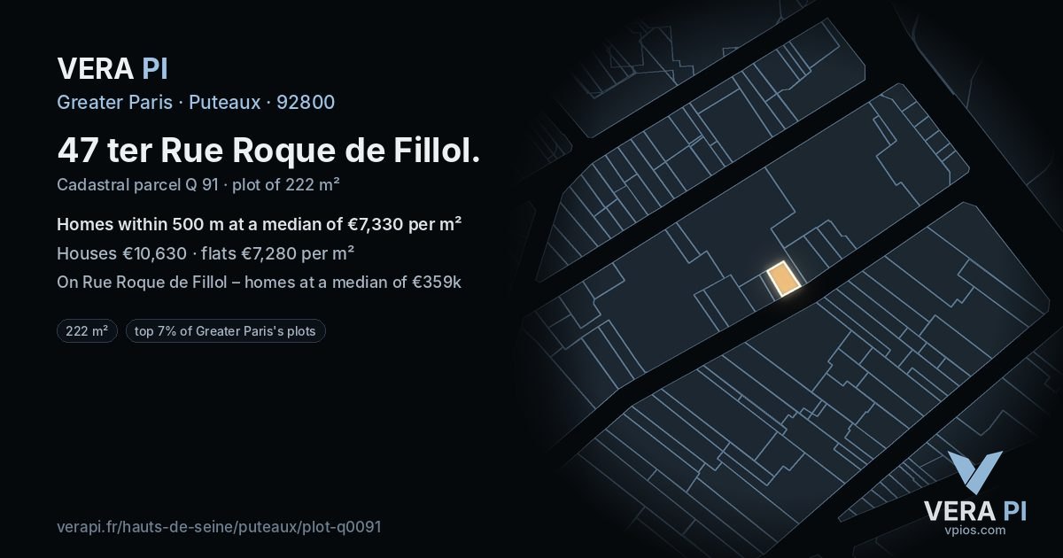 47 ter Rue Roque de Fillol, Puteaux at night – the plot lit, the parcels around coloured by the prices near them