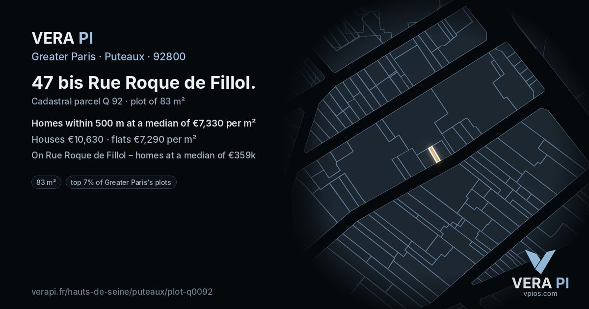 47 bis Rue Roque de Fillol, Puteaux at night – the plot lit, the parcels around coloured by the prices near them