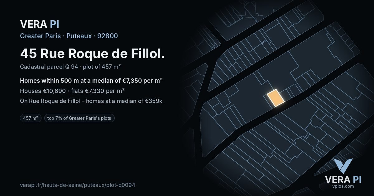 45 Rue Roque de Fillol, Puteaux at night – the plot lit, the parcels around coloured by the prices near them