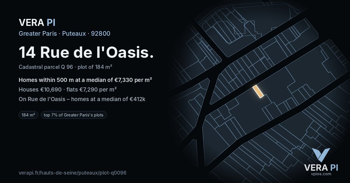 14 Rue de l'Oasis, Puteaux at night – the plot lit, the parcels around coloured by the prices near them