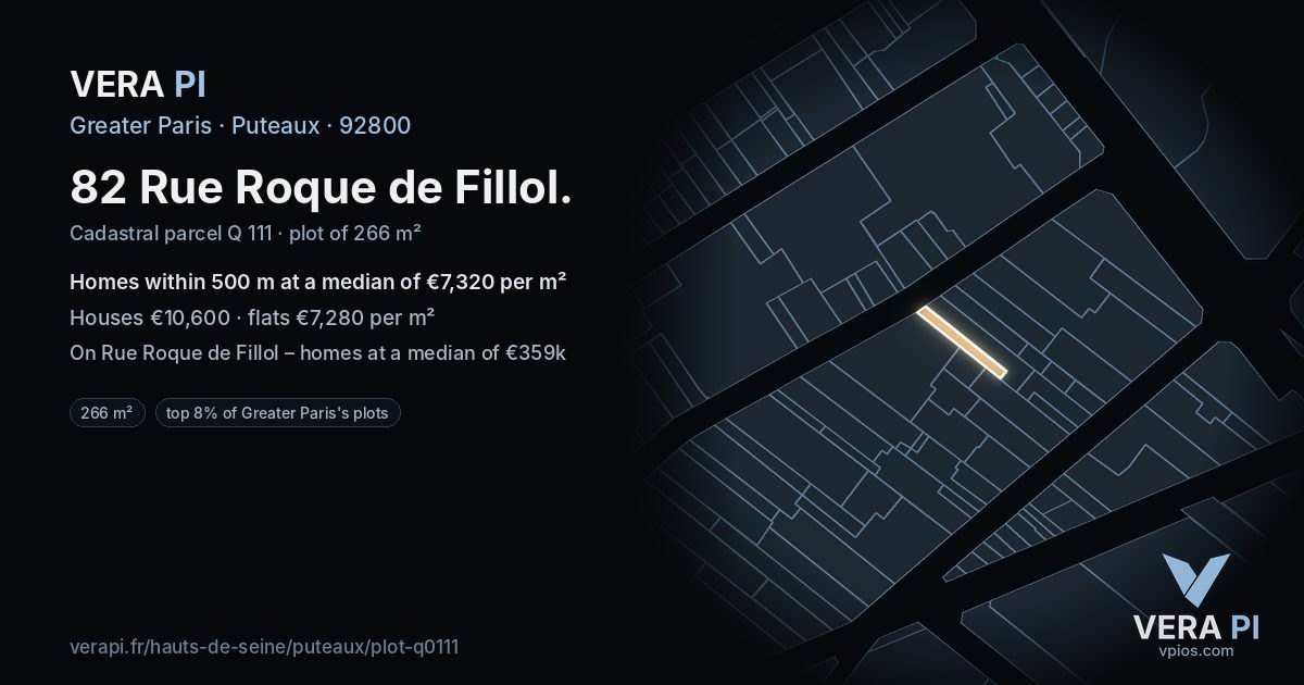 82 Rue Roque de Fillol, Puteaux at night – the plot lit, the parcels around coloured by the prices near them