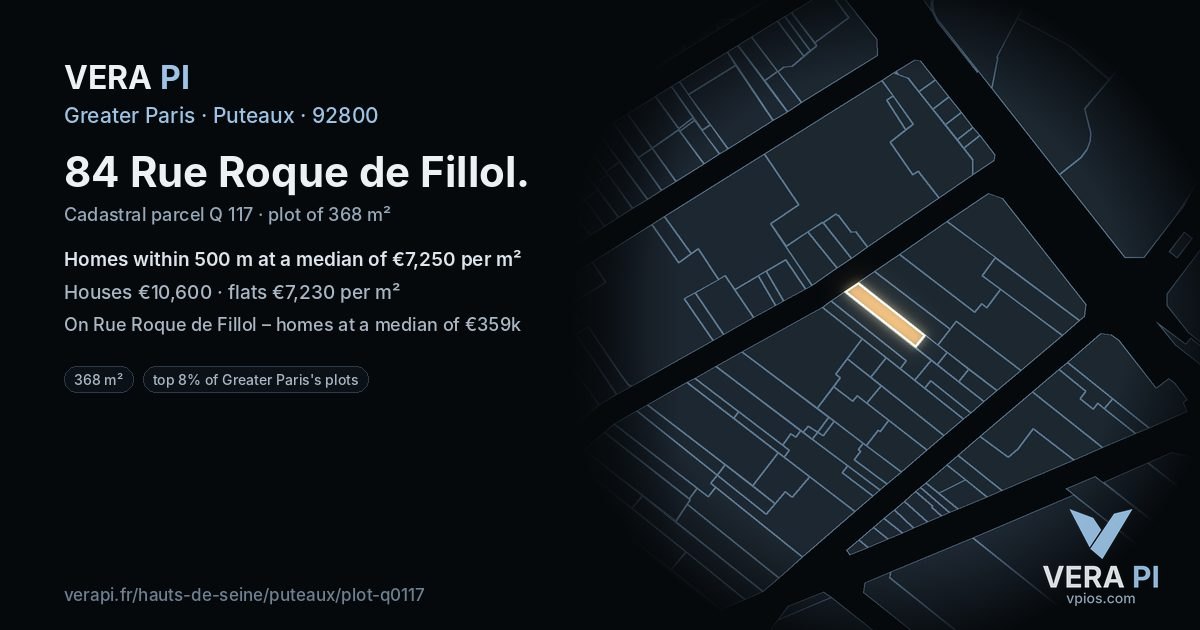 84 Rue Roque de Fillol, Puteaux at night – the plot lit, the parcels around coloured by the prices near them