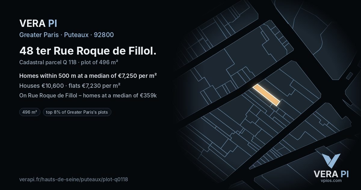 48 ter Rue Roque de Fillol, Puteaux at night – the plot lit, the parcels around coloured by the prices near them