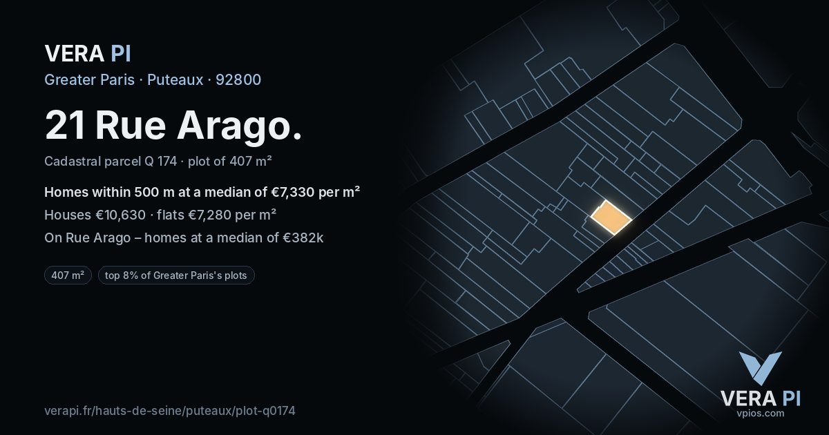 21 Rue Arago, Puteaux at night – the plot lit, the parcels around coloured by the prices near them