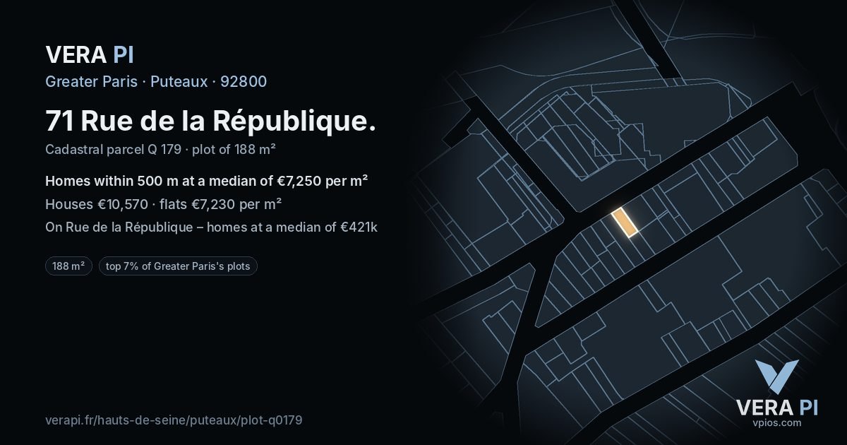 71 Rue de la République, Puteaux at night – the plot lit, the parcels around coloured by the prices near them
