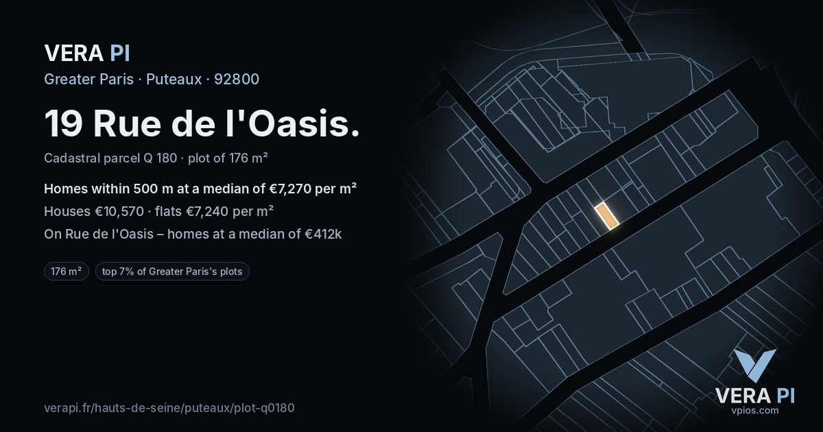 19 Rue de l'Oasis, Puteaux at night – the plot lit, the parcels around coloured by the prices near them