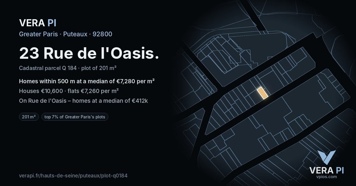 23 Rue de l'Oasis, Puteaux at night – the plot lit, the parcels around coloured by the prices near them