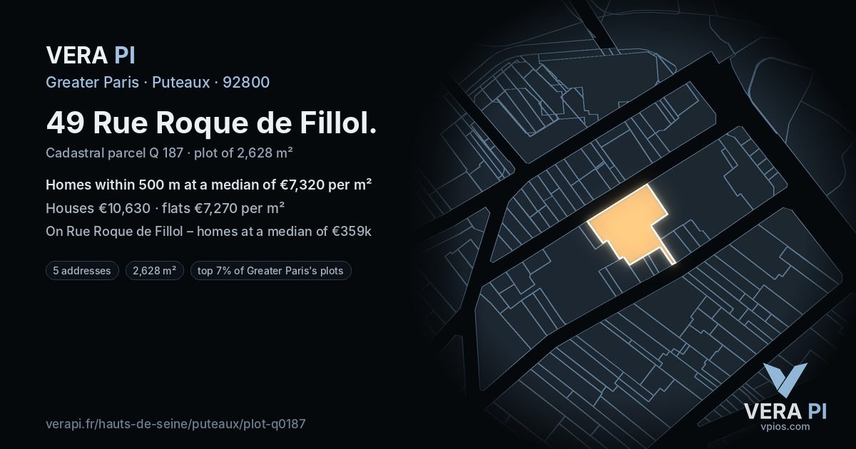 49 Rue Roque de Fillol, Puteaux at night – the plot lit, the parcels around coloured by the prices near them