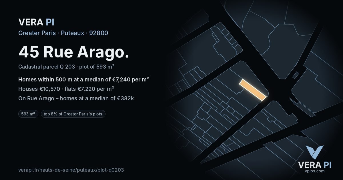 45 Rue Arago, Puteaux at night – the plot lit, the parcels around coloured by the prices near them