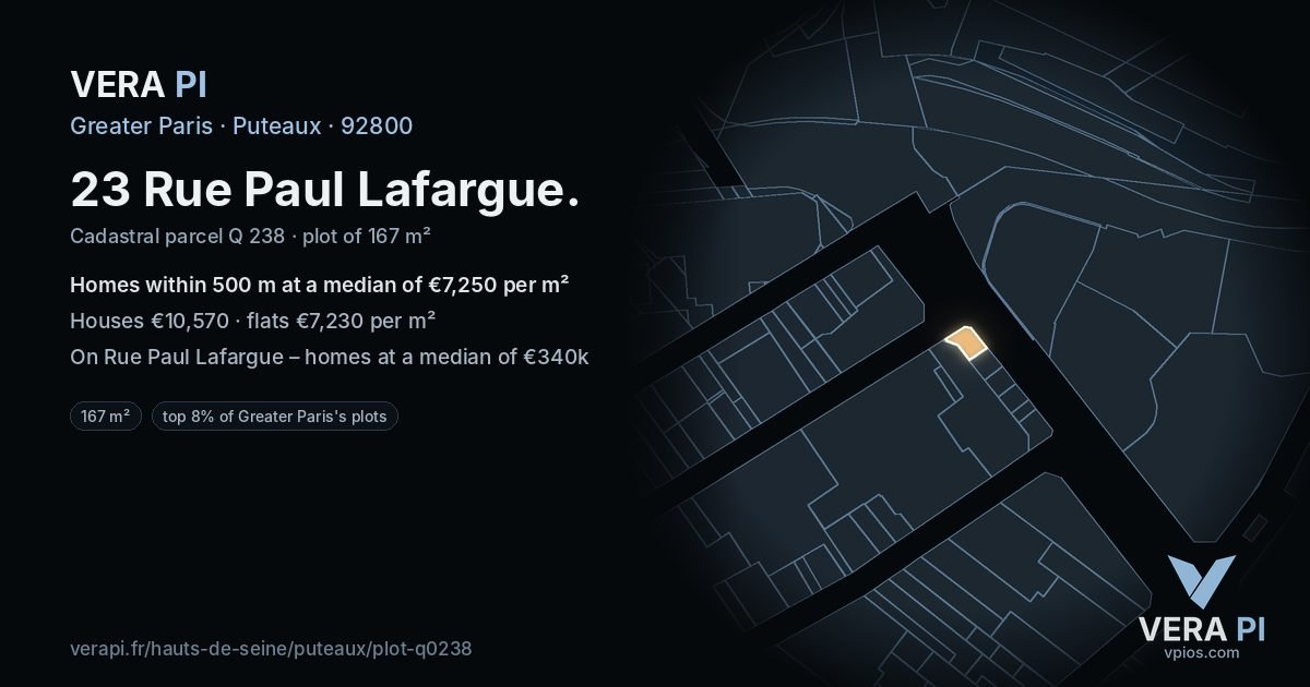 23 Rue Paul Lafargue, Puteaux at night – the plot lit, the parcels around coloured by the prices near them
