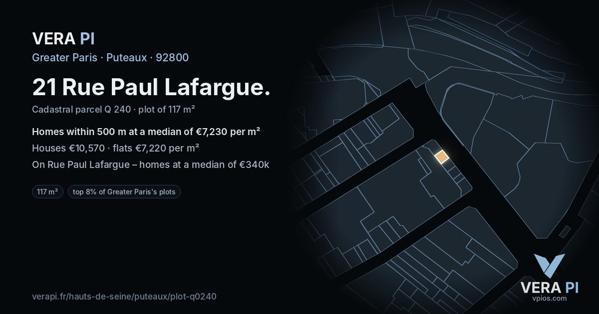 21 Rue Paul Lafargue, Puteaux at night – the plot lit, the parcels around coloured by the prices near them