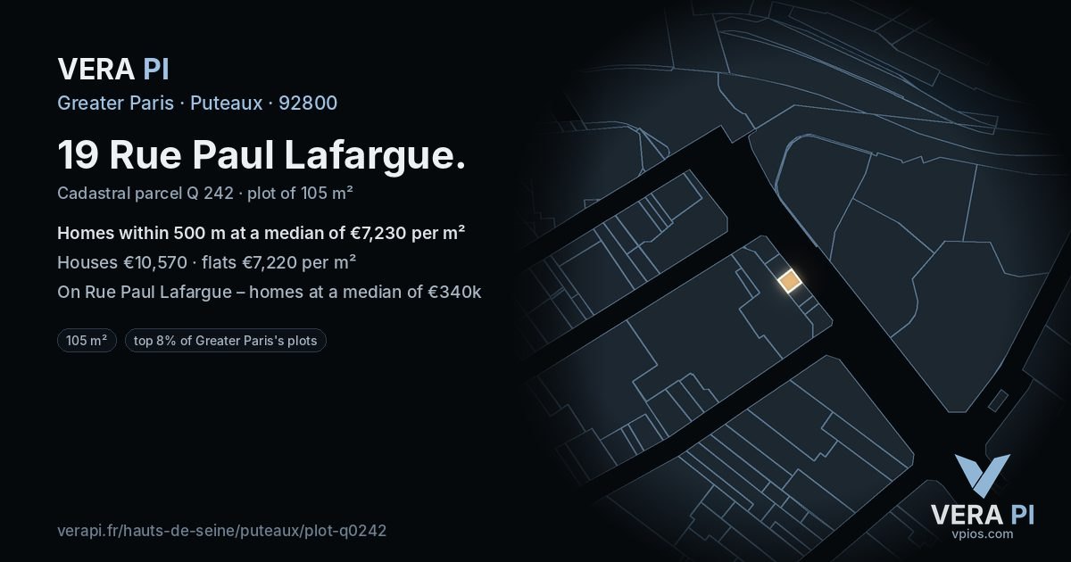 19 Rue Paul Lafargue, Puteaux at night – the plot lit, the parcels around coloured by the prices near them