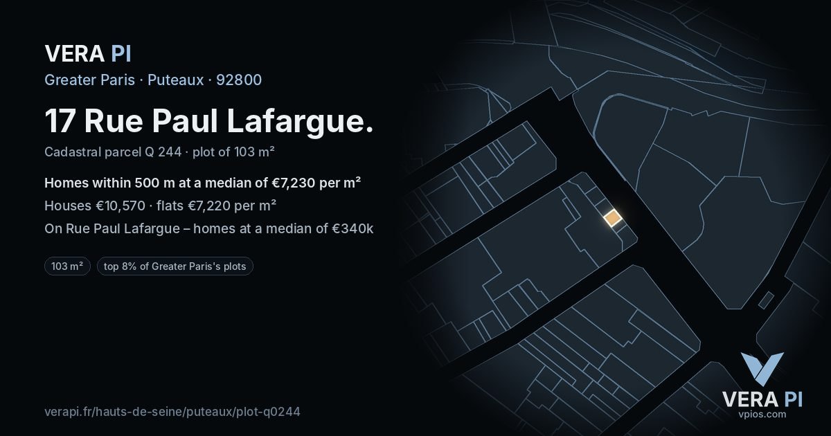 17 Rue Paul Lafargue, Puteaux at night – the plot lit, the parcels around coloured by the prices near them