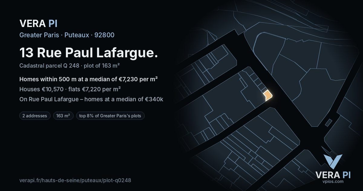 13 Rue Paul Lafargue, Puteaux at night – the plot lit, the parcels around coloured by the prices near them