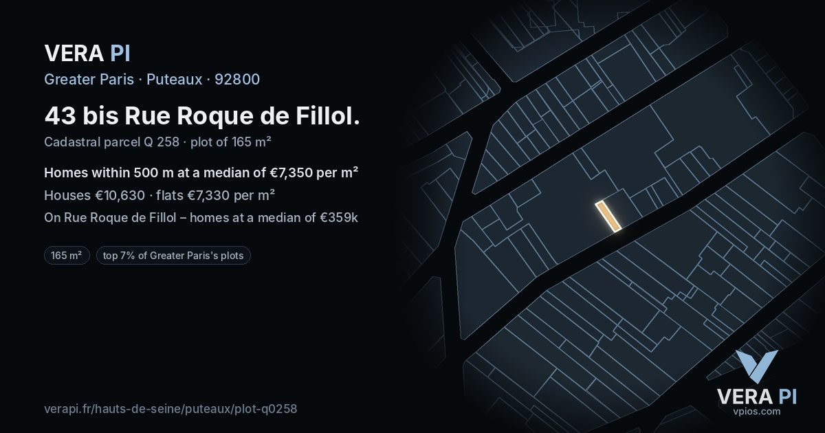 43 bis Rue Roque de Fillol, Puteaux at night – the plot lit, the parcels around coloured by the prices near them