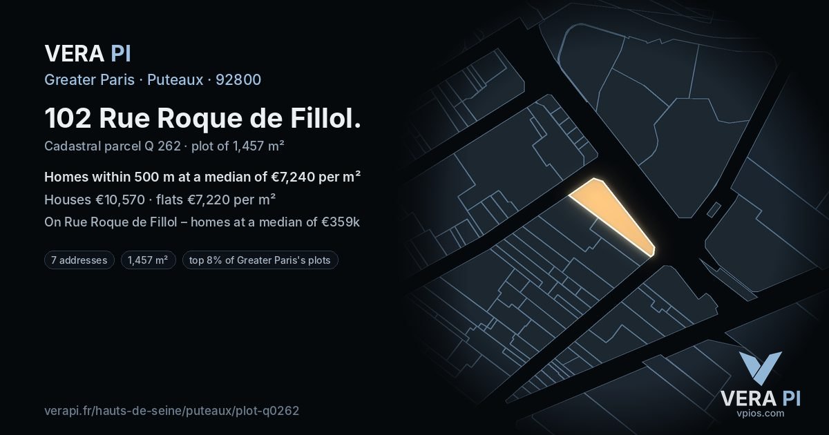 102 Rue Roque de Fillol, Puteaux at night – the plot lit, the parcels around coloured by the prices near them