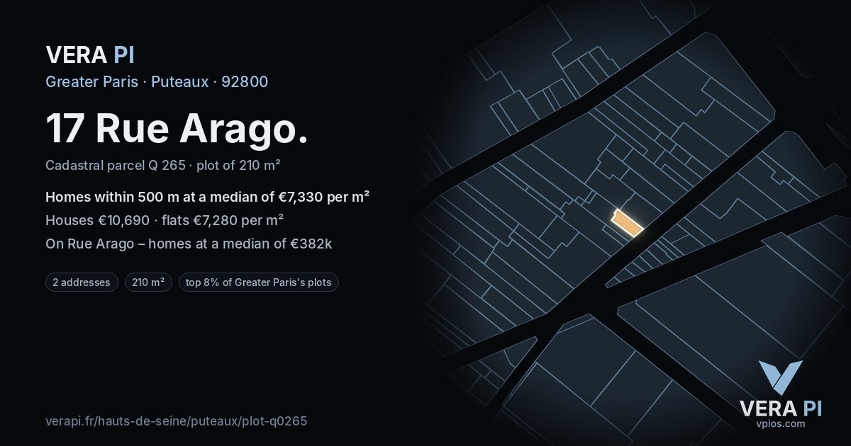 17 Rue Arago, Puteaux at night – the plot lit, the parcels around coloured by the prices near them