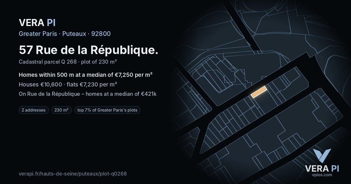 57 Rue de la République, Puteaux at night – the plot lit, the parcels around coloured by the prices near them