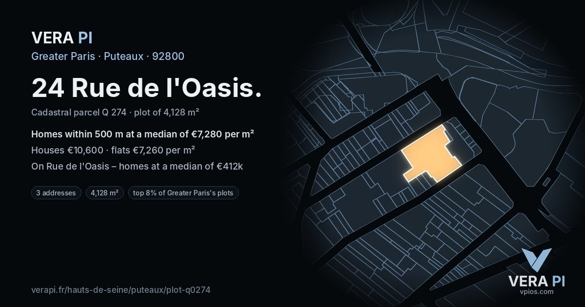 24 Rue de l'Oasis, Puteaux at night – the plot lit, the parcels around coloured by the prices near them
