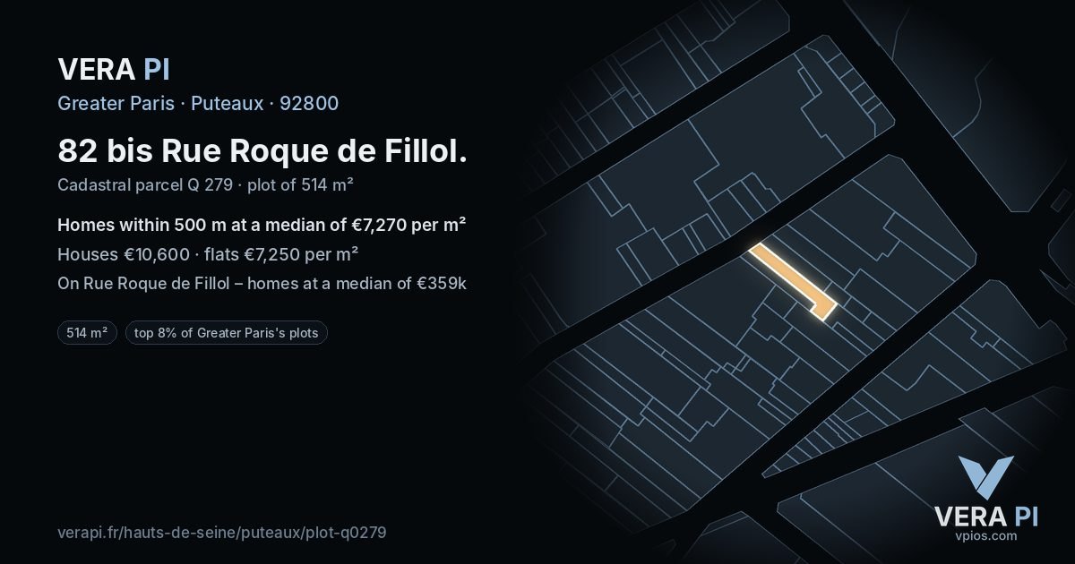 82 bis Rue Roque de Fillol, Puteaux at night – the plot lit, the parcels around coloured by the prices near them