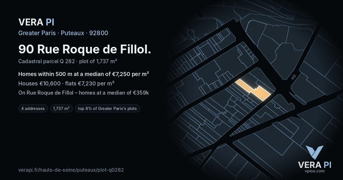 90 Rue Roque de Fillol, Puteaux at night – the plot lit, the parcels around coloured by the prices near them