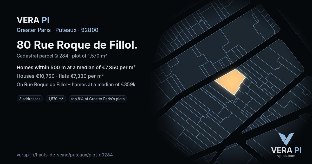 80 Rue Roque de Fillol, Puteaux at night – the plot lit, the parcels around coloured by the prices near them