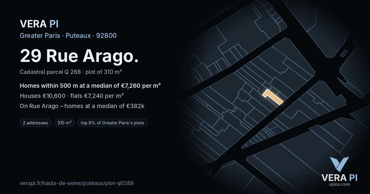 29 Rue Arago, Puteaux at night – the plot lit, the parcels around coloured by the prices near them