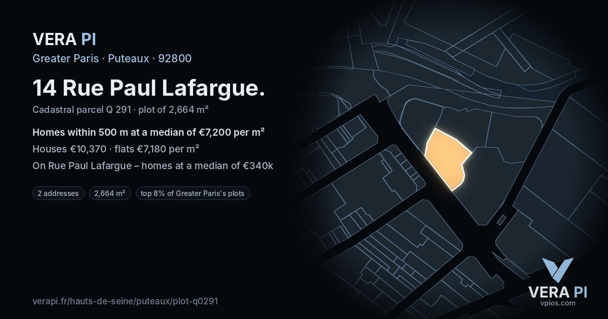 14 Rue Paul Lafargue, Puteaux at night – the plot lit, the parcels around coloured by the prices near them