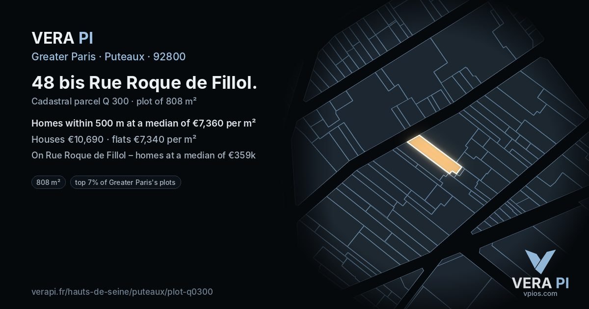 48 bis Rue Roque de Fillol, Puteaux at night – the plot lit, the parcels around coloured by the prices near them