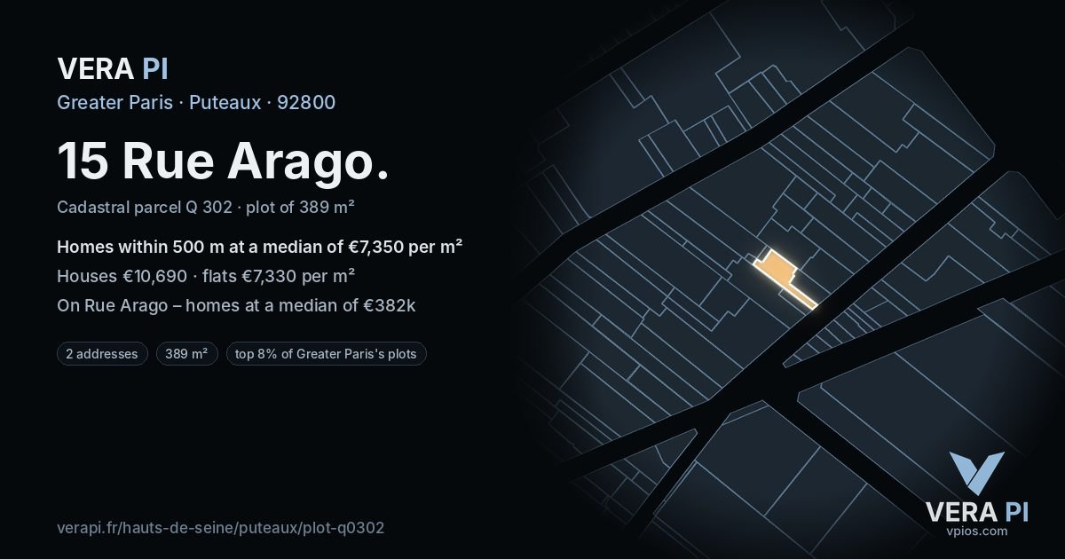 15 Rue Arago, Puteaux at night – the plot lit, the parcels around coloured by the prices near them