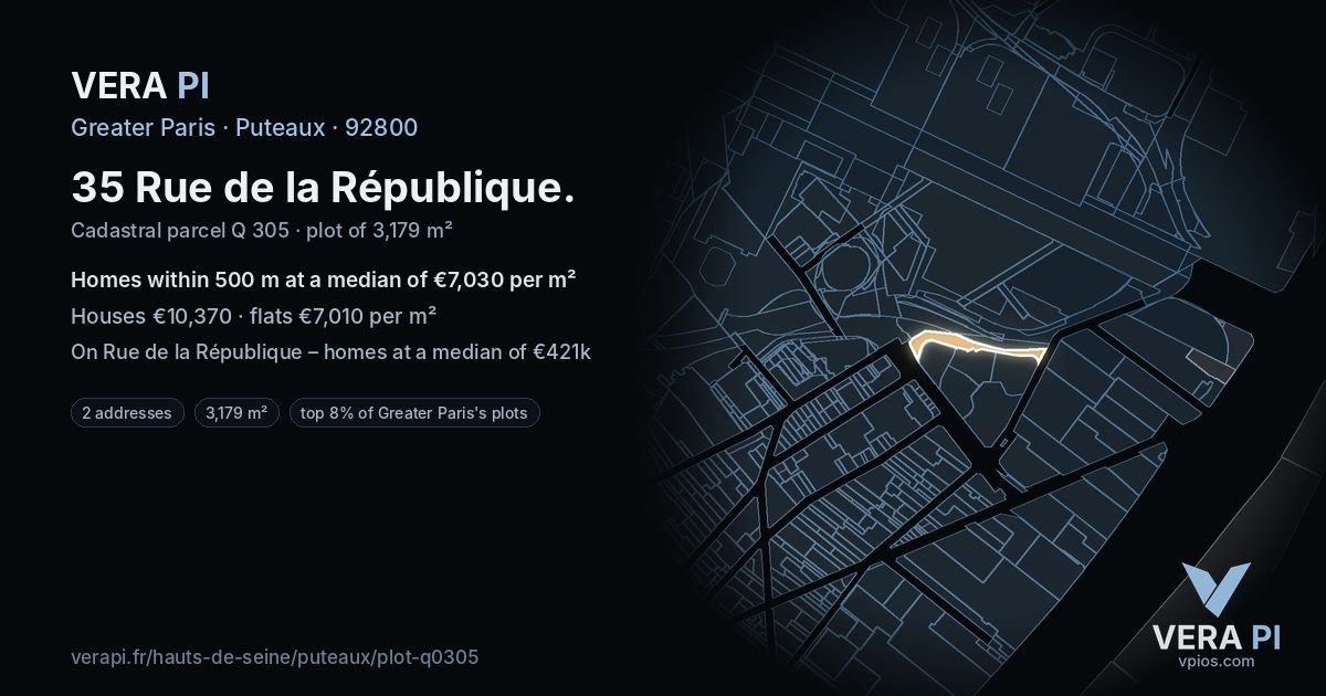 35 Rue de la République, Puteaux at night – the plot lit, the parcels around coloured by the prices near them
