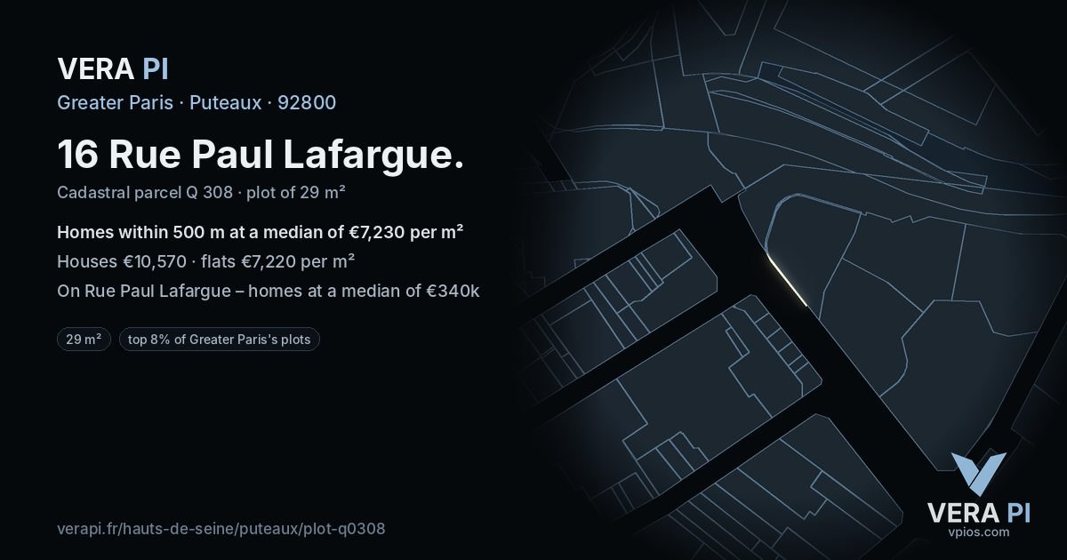 16 Rue Paul Lafargue, Puteaux at night – the plot lit, the parcels around coloured by the prices near them