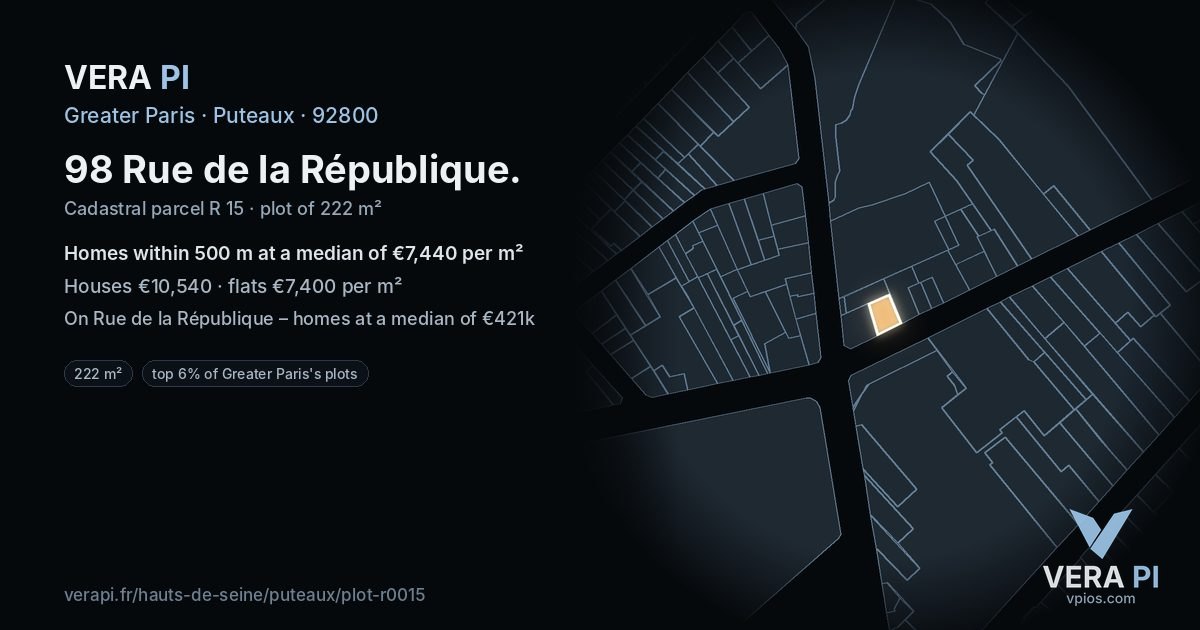 98 Rue de la République, Puteaux at night – the plot lit, the parcels around coloured by the prices near them