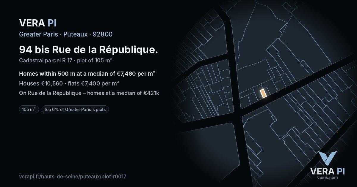 94 bis Rue de la République, Puteaux at night – the plot lit, the parcels around coloured by the prices near them