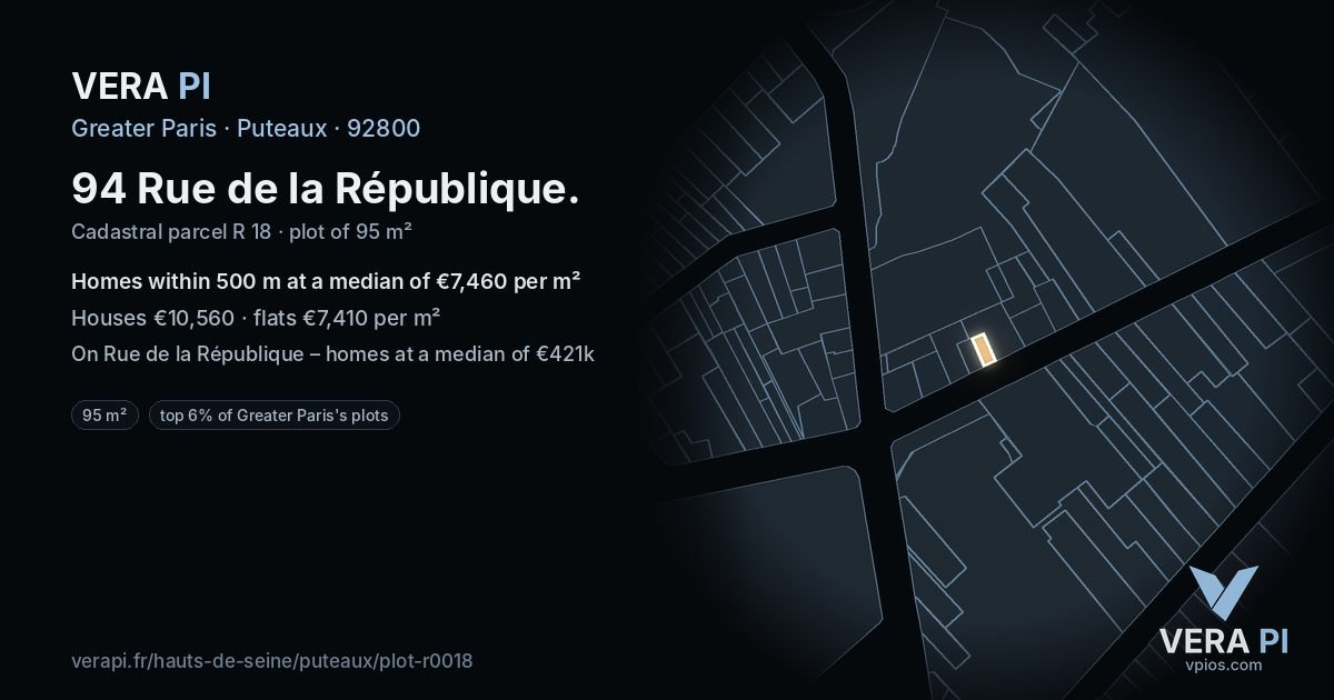 94 Rue de la République, Puteaux at night – the plot lit, the parcels around coloured by the prices near them