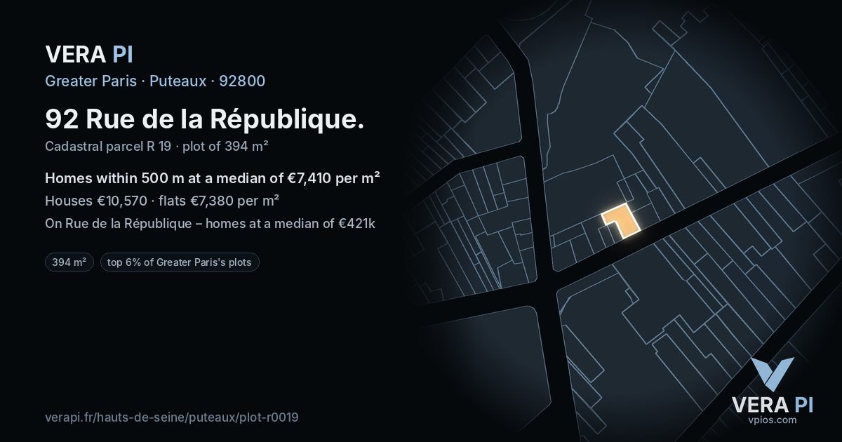 92 Rue de la République, Puteaux at night – the plot lit, the parcels around coloured by the prices near them