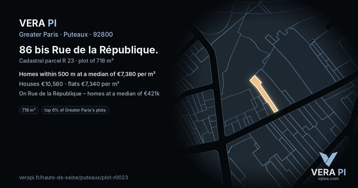 86 bis Rue de la République, Puteaux at night – the plot lit, the parcels around coloured by the prices near them