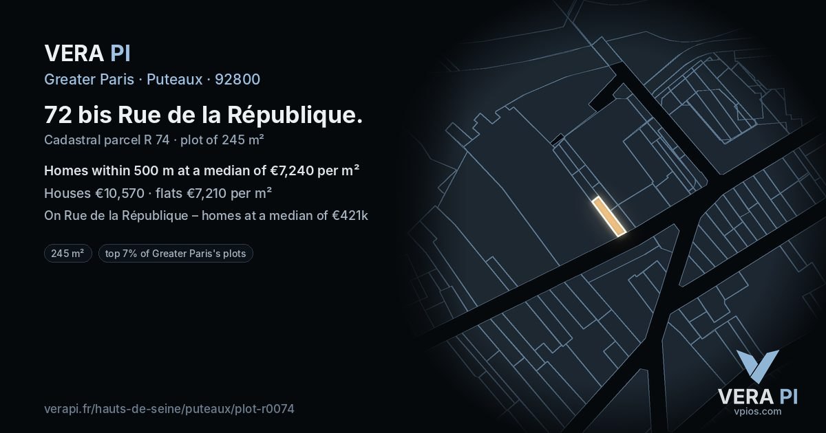 72 bis Rue de la République, Puteaux at night – the plot lit, the parcels around coloured by the prices near them