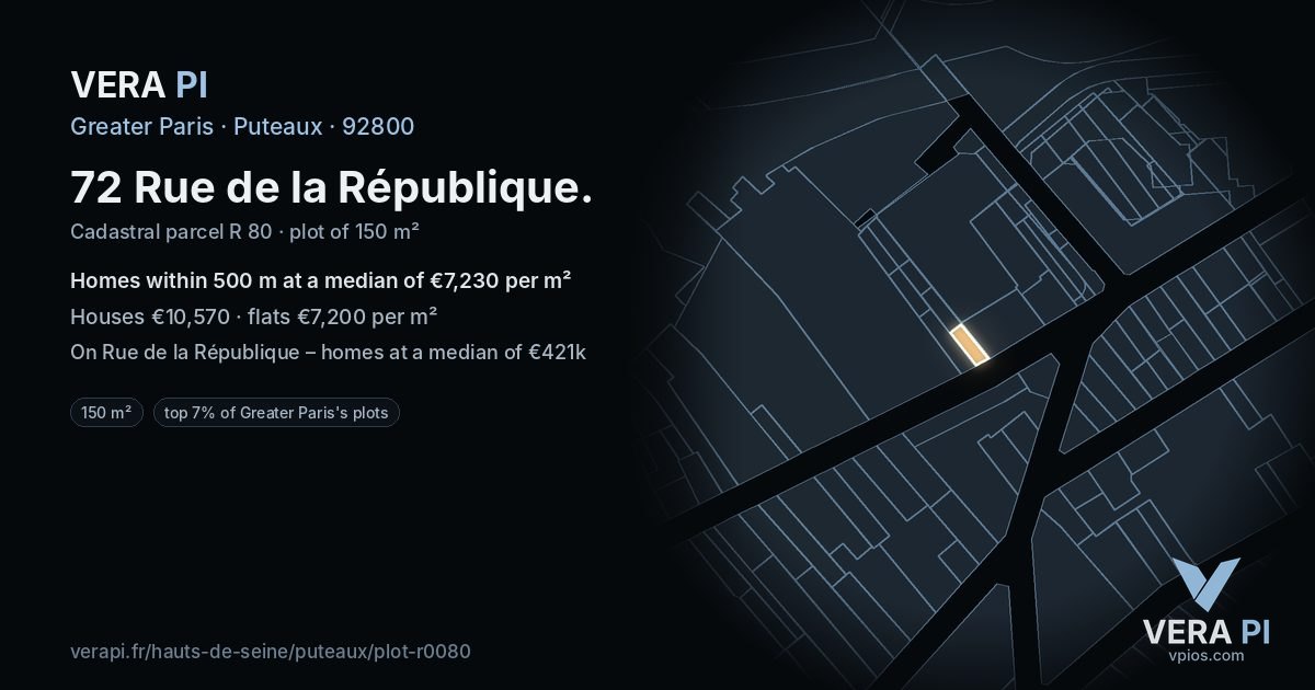 72 Rue de la République, Puteaux at night – the plot lit, the parcels around coloured by the prices near them