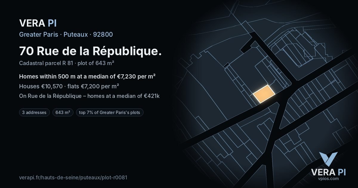 70 Rue de la République, Puteaux at night – the plot lit, the parcels around coloured by the prices near them