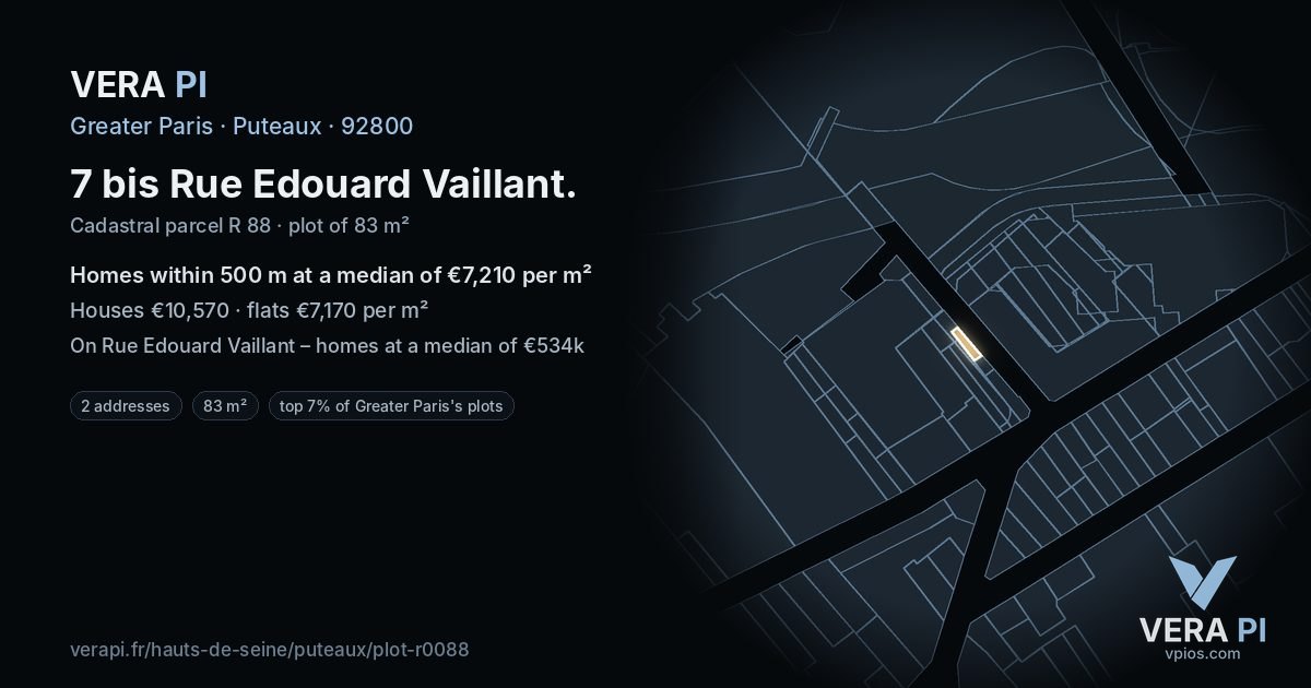 7 bis Rue Edouard Vaillant, Puteaux at night – the plot lit, the parcels around coloured by the prices near them