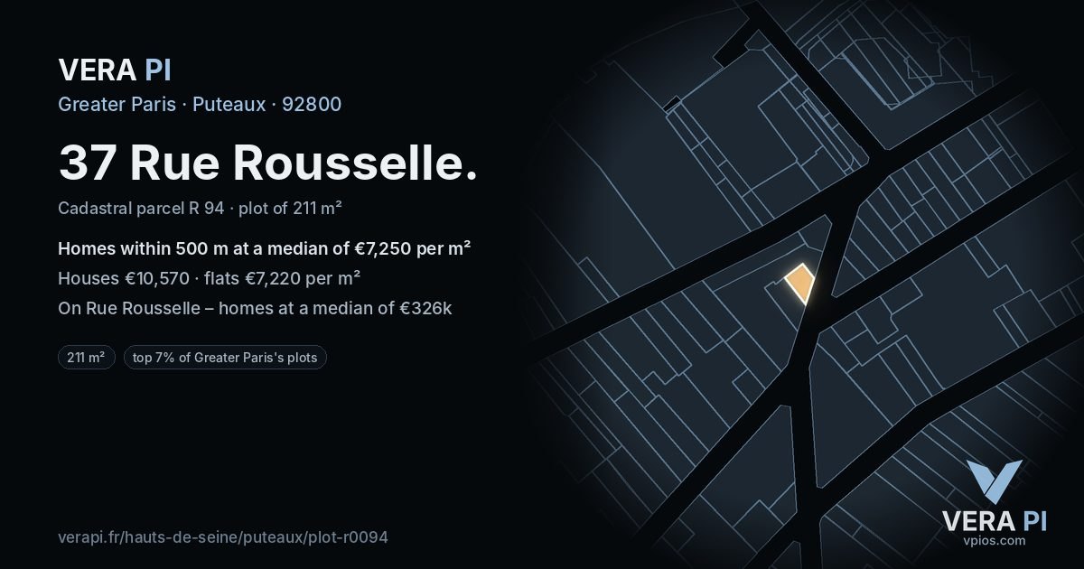 37 Rue Rousselle, Puteaux at night – the plot lit, the parcels around coloured by the prices near them