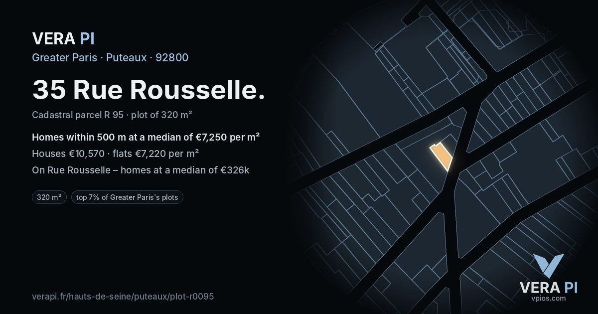 35 Rue Rousselle, Puteaux at night – the plot lit, the parcels around coloured by the prices near them