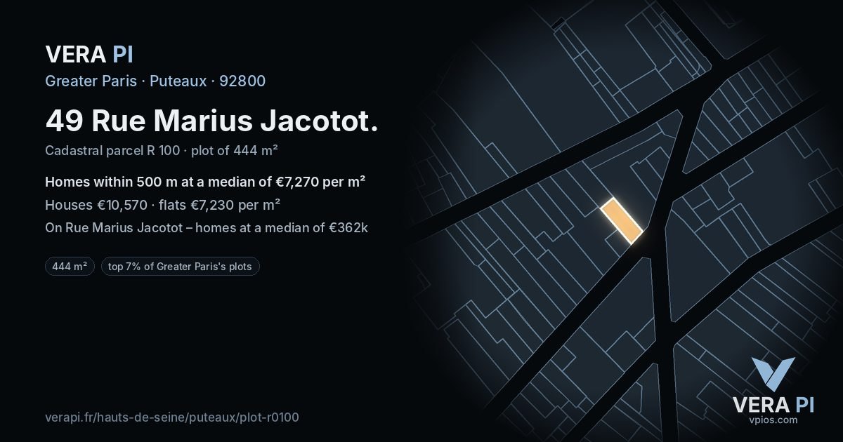 49 Rue Marius Jacotot, Puteaux at night – the plot lit, the parcels around coloured by the prices near them