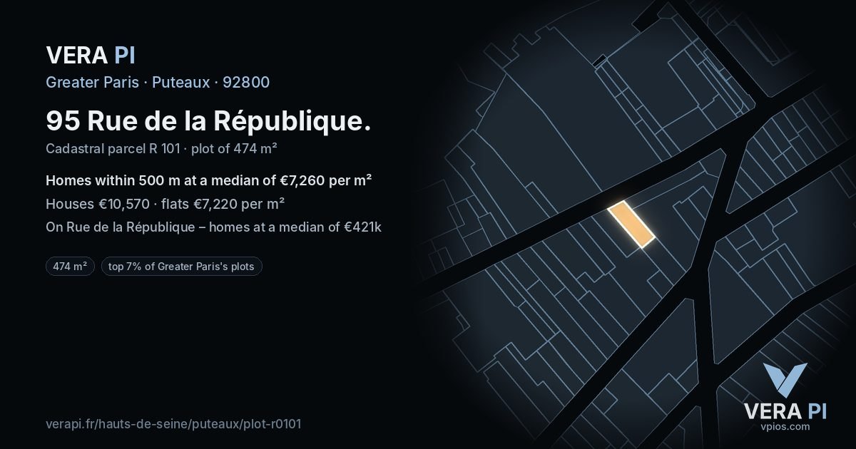 95 Rue de la République, Puteaux at night – the plot lit, the parcels around coloured by the prices near them