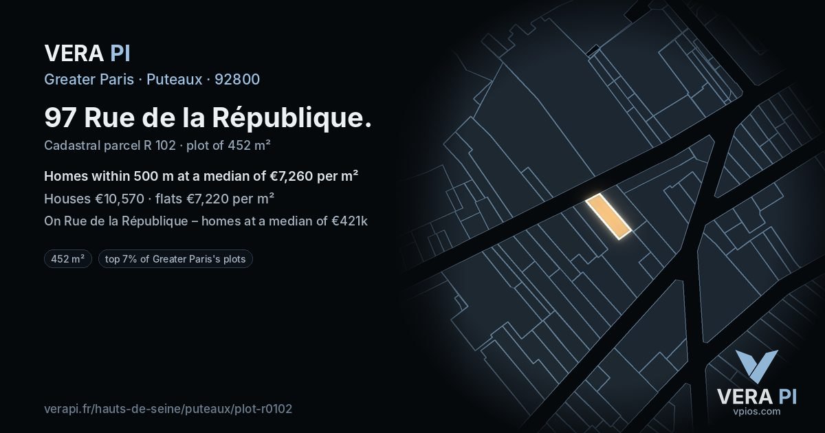 97 Rue de la République, Puteaux at night – the plot lit, the parcels around coloured by the prices near them