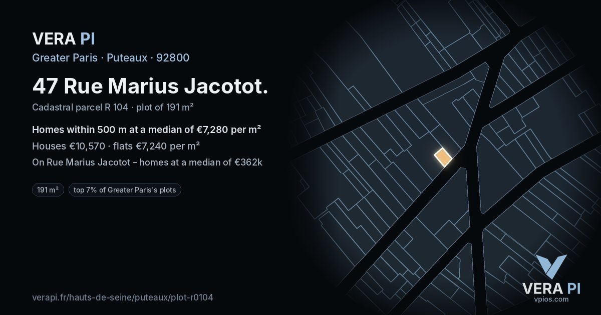 47 Rue Marius Jacotot, Puteaux at night – the plot lit, the parcels around coloured by the prices near them