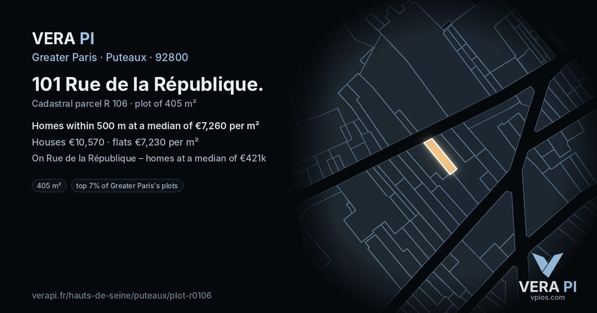 101 Rue de la République, Puteaux at night – the plot lit, the parcels around coloured by the prices near them