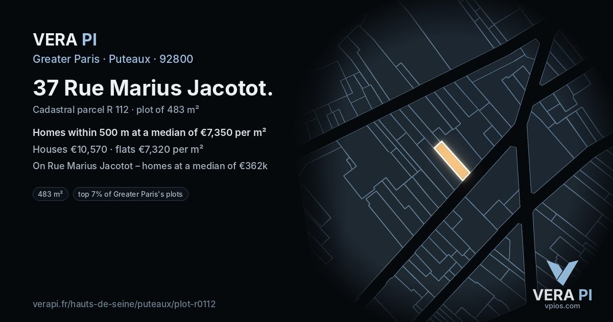 37 Rue Marius Jacotot, Puteaux at night – the plot lit, the parcels around coloured by the prices near them